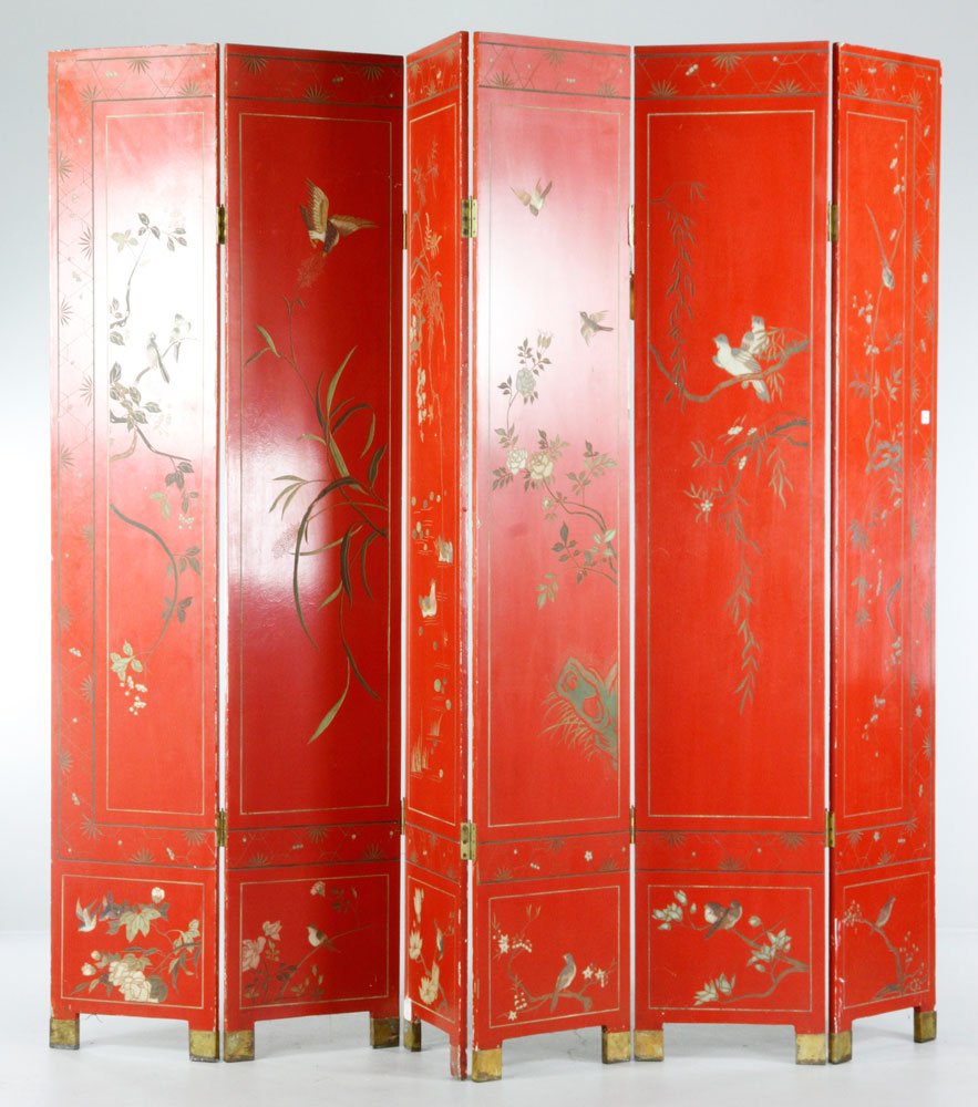 19th C. Chinese Folding Screen: 19th century Chinese, six-panel folding screen with birds and flowers, 84'' h x 96'' w. Provenance: Estate of Alexander Brook.