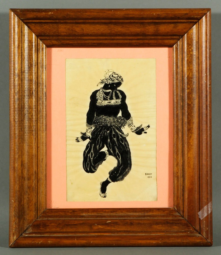 Bakst, "Costume Design," Ink on Paper: Leon Bakst (1866-1924) costume design for ballet, ink on paper, signed and dated 1910 lower right, accompanied by certificate of authenticity from the Russian Museum in St. Petersburg, 8 1/2" h x 5 3/