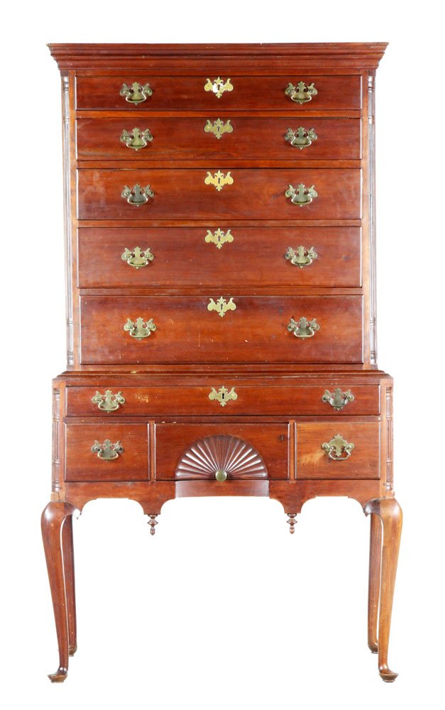 American Mahogany Queen Anne Highboy: American Queen Anne highboy, mahogany, with fluted side columns, 76" h x 41" w x 22" d. Provenance: From a Beverly, MA collection.
