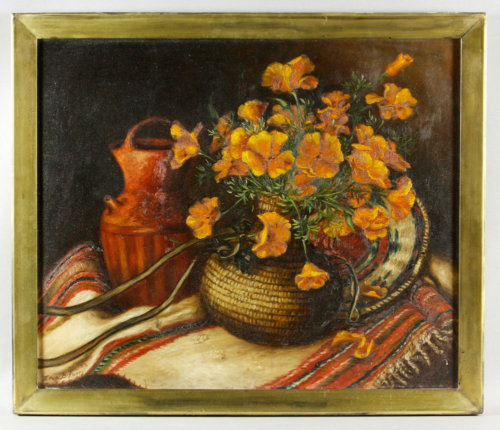Farr, Poppies in American Indian Basket, O/C: Ellen Burpee Farr (American 1840-1907), poppies in American Indian basket with urn and blanket, signed and dated lower left, 1888, 21"h x 24"w (view), 23"h x 27"w (frame).