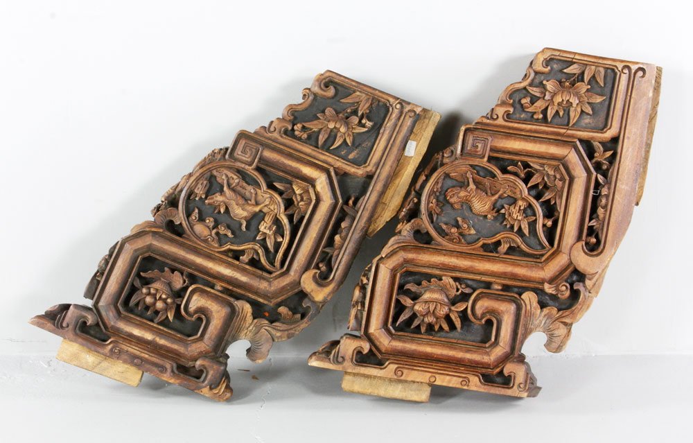 Lot of 4 18th / 19th C. Chinese Eave Supports: Lot of four 18th / 19th Chinese, carved elm wood, eave supports. Provenance: Estate of Alexander Brook.