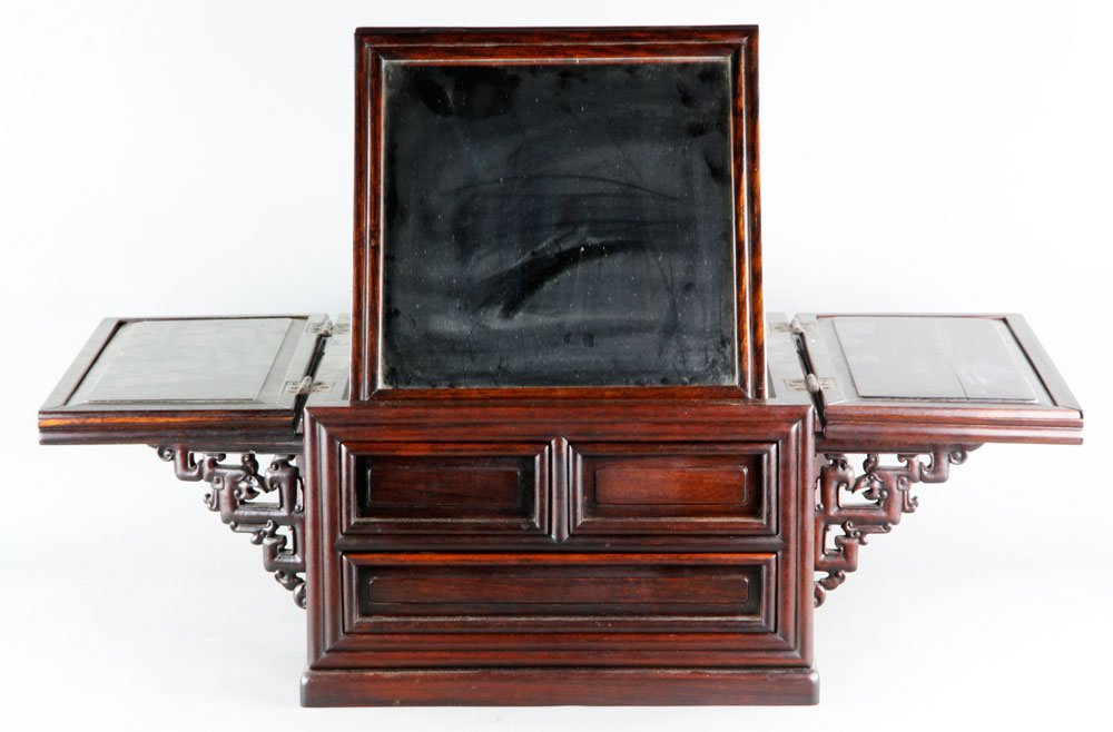 Chinese Jewelry Box: Chinese jewelry box with folding mirror, three drawers, carved supports, 9 3/4'' x 14 1/4'' x 14 1/2'' d. Provenance: Estate of Alexander Brook.