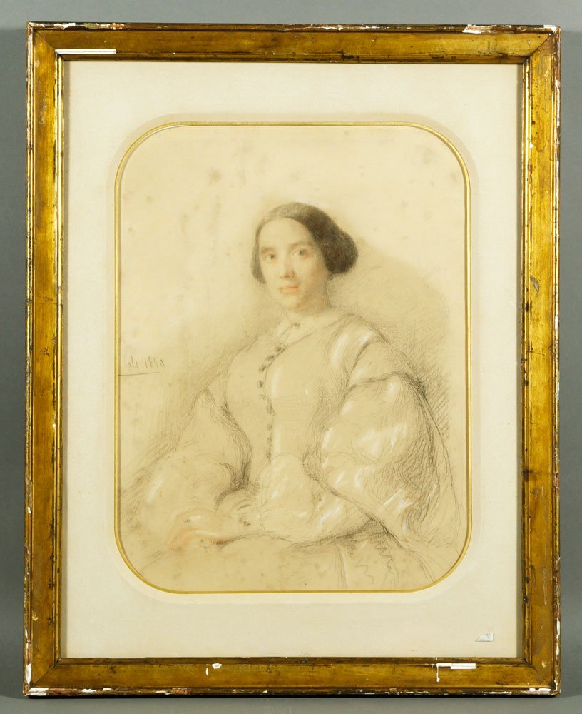 Adolphe-Felix Cals, Portrait of Countess Doria, Pencil: Adolphe-Felix Cals (1810-1880) Portrait of Countess Doria, Pencil and Crayon, signed left edge, dated 1859, 14 1/2'' h x 11'' w, framed 20 3/4''h x 16 1/2'' h. Provenance: Estate of Alexander Brook.