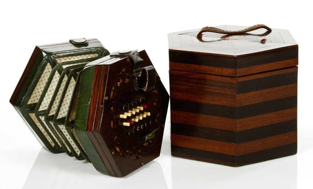 19th C. English Chidley Concertina: 19th century English concertina by Rock Chidleyin box, rosewood, box 6 1/4" h x 7 1/4" dia. Provenance: From a Beverly, MA collection.