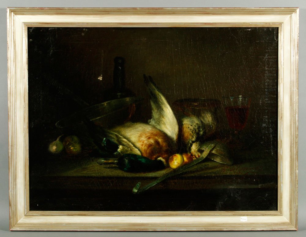 Unsigned, Fowl and Fruit, O/C: 19th Century, unsigned still life, Fowl and Fruit, oil on canvas, 21 1/4'' h x 28 1/2'' w, framed 25''h x 32 1/2'' w. Provenance: Estate of Alexander Brook.