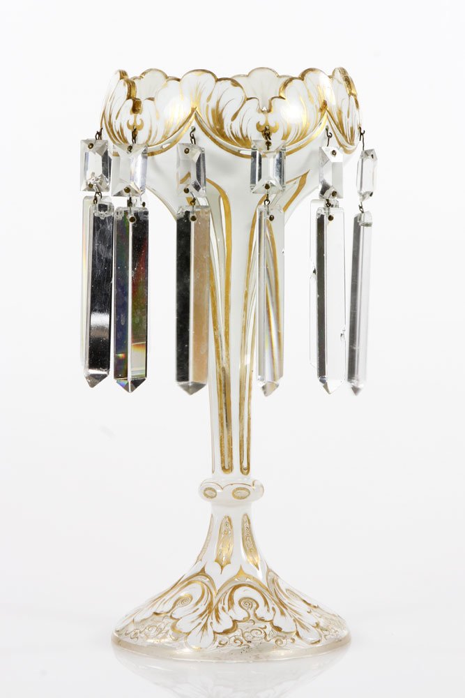 Continental Overlay Glass Lustre: Continental overlay glass lustre with gilt decoration, 12 1/2 h x 5 1/2 d/ Provenance: The Estate of Alexander Brooks.