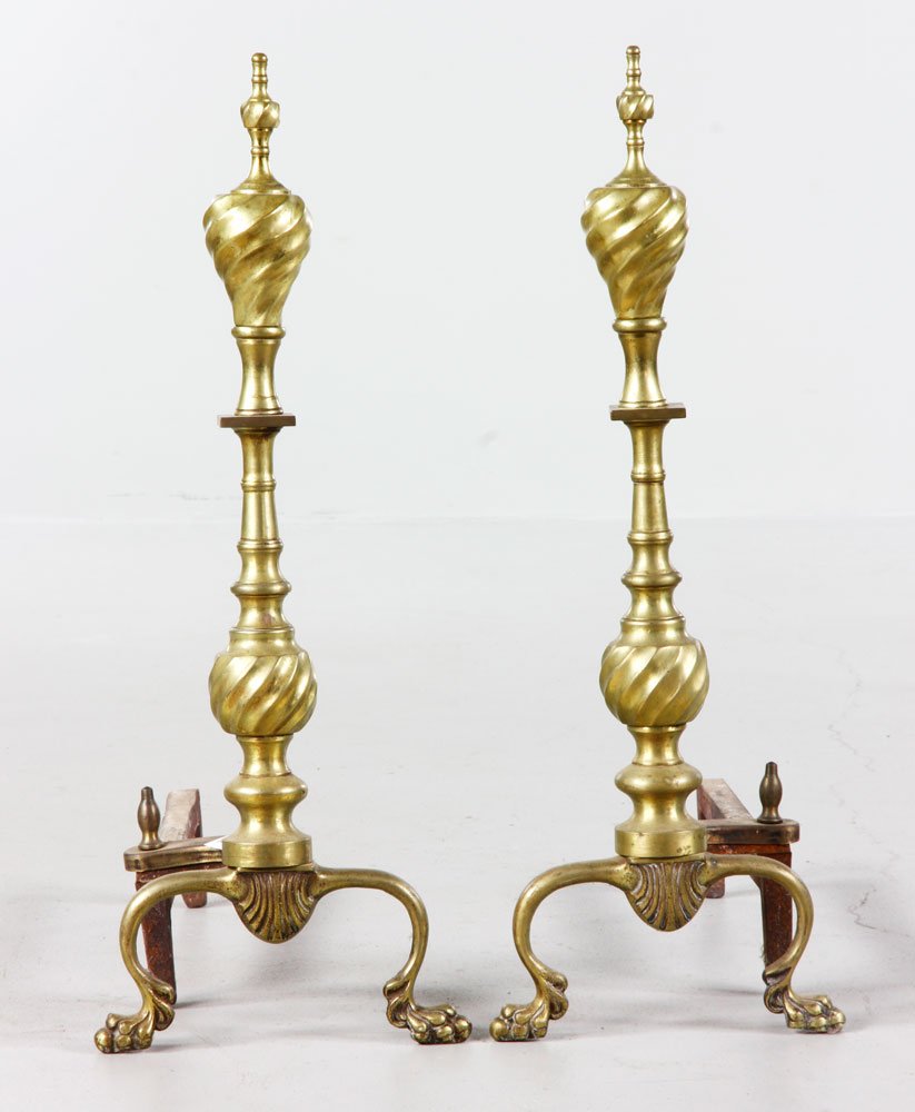 Pair of Brass Andirons: Pair of brass andirons, 23'' h. Provenance: Estate of Alexander Brook.
