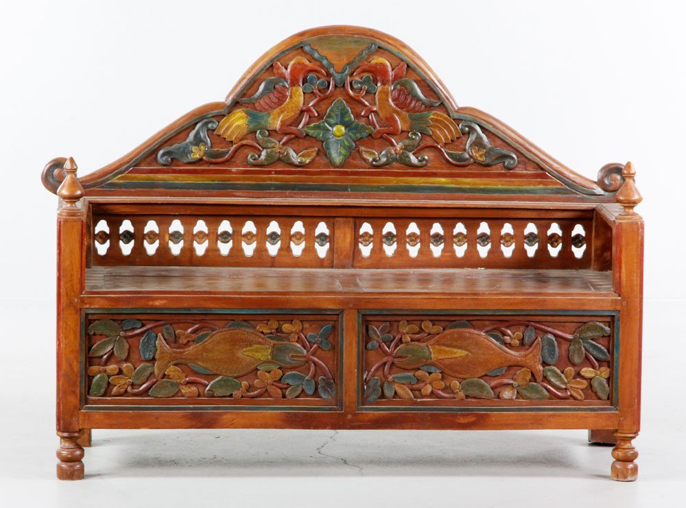 Indonesian Bench: Indonesian bench with ornate, whimsical animal figures, 34 1/2'' h x 48'' w x 14 1/2'' d. Provenance: Estate of Alexander Brook.