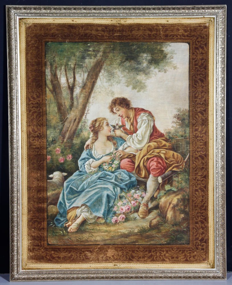 19th C. Continental Romantic Scene, O/C: 19th century Continental romantic scene, oil on canvas, 48" h x 60" w. Provenance: From a New York, NY collection.