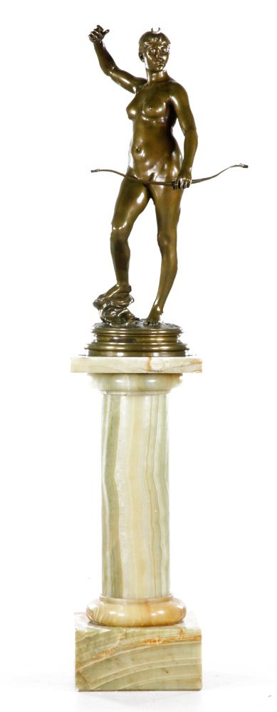 Falguiere, Diane Chasseresse, Bronze: Alexandre Falguiere (French 1831-1900), Diane Chasseresse, bronze on marble, light brown patina, Foundry mark Thiebaut Freres, 30" h. Provenance: From the collection of Hyatt Lemoine of New Haven, Con