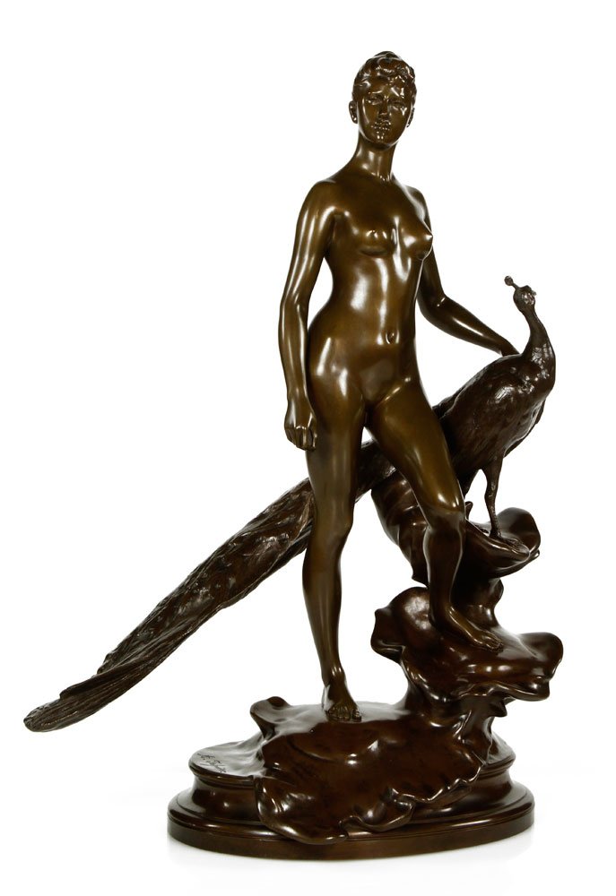 Falguiere, Nude with Peacock, Bronze: Alexandre Falguiere (French 1831-1900), nude with peacock, signed, foundry mark of Thiebaut Freres, 21 1/2" h x 14 1/2" w. Provenance: From the collection of Hyatt Lemoine of New Haven, Connecticut. H