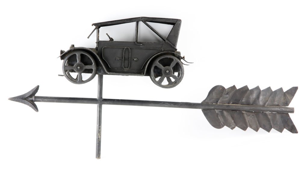 20th C. Tin Lizzie Phaeton Weather Vane: 20th C. Tin Lizzie Phaeton weather vane with arrow and directionals, 29'' h. Provenance: Estate of Alexander Brook.