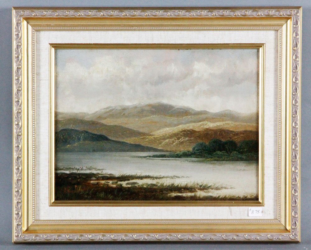 Leslie, Loch Rangag, O/C: Charles Leslie (English 1835-1890), Loch Rangag, oil on canvas, signed lower left, title on verso, 9''h x 12''w, framed 13 1/4'' h x 16 1/4'' w. Provenance: Estate of Alexander Brook.