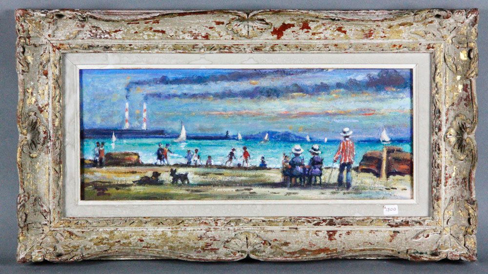 Corley, Beach Afternoon, O/P: Philip Corley, (Irish b. 1944), Beach Afternoon, oil on board, 'PC' monogram lower left on verso, 7'' h x 18'' w, framed 13''h x 23 3/4''w. Provenance: Estate of Alexander Brook.