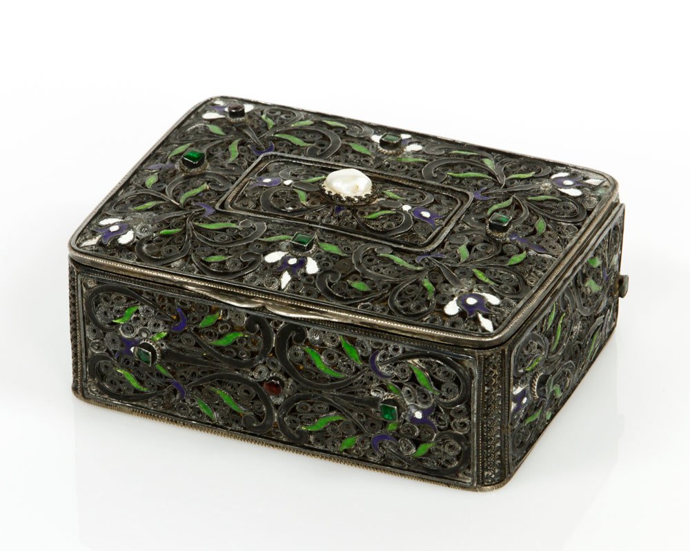 19th C. Austrian Silver Gilt and Enamel Box: 19th century Austrian silver gilt, enamel, and gemstone box, hinged box with silver coil work and enamel florals, with large central pearl with emeralds and garnets, 7.7 ounces TW, 4" h x 3" w x 1 1/4
