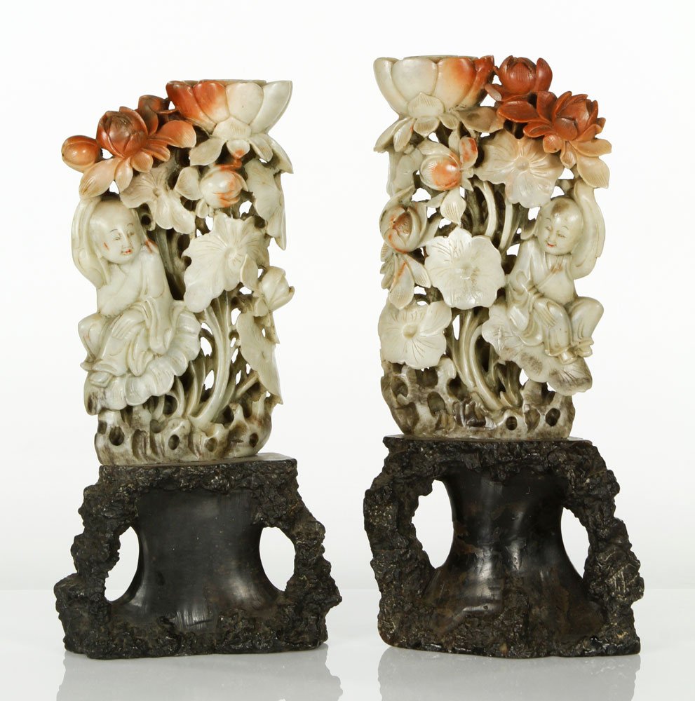 Pair of Chinese Soapstone Candlesticks: Pair of Chinese candlesticks, soapstone. Provenance: From a La Jolla, CA estate.