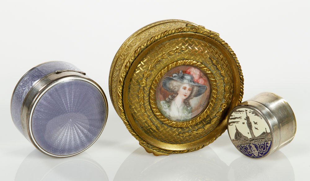 Lot of 3 Boxes: Lot of three boxes, including ornate brass box with miniature painting on ivory of a lady, marked France, a sterling guilloche box signed Ginnel MFG Co., and a small enameled round box of 800 coin sil