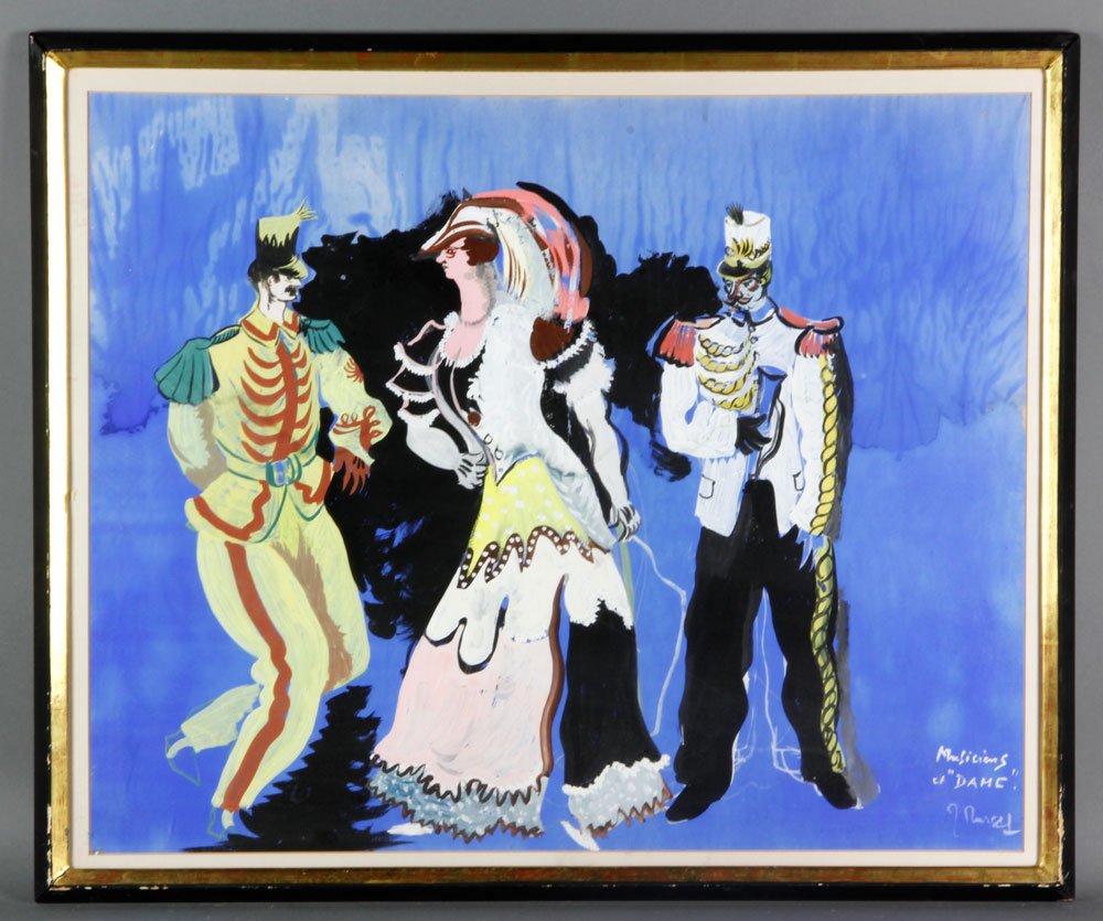 "Musiciens et Dame," Gouache: "Musiciens et Dame," gouache painting, Folies Bergere, costume design, indistinctly signed lower right, 21" h x 27" w. Provenance: From a Holliston, MA estate.