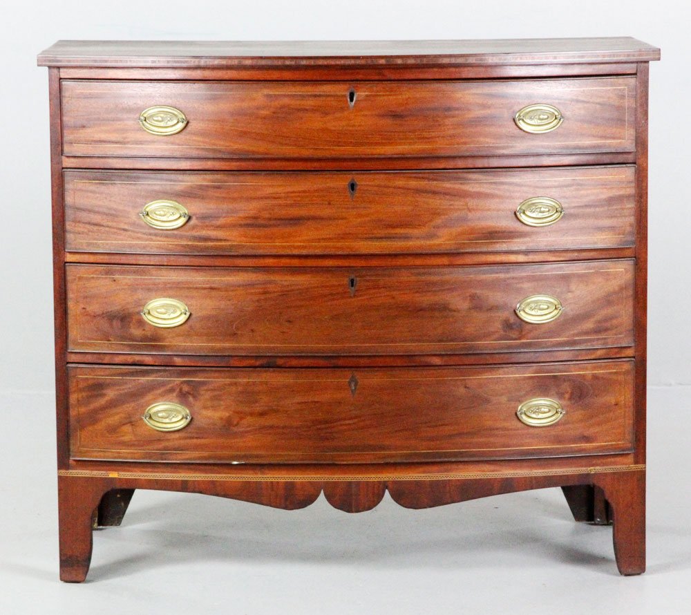 Hepplewhite Bowfront Cherry 4 Drawer Chest: Hepplewhite bowfront four drawer chest, cherry, with original hardware, 35 3/4" h x 41 1/4" w x 21 1/4" d. Provenance: From a Hopkinton, MA estate.