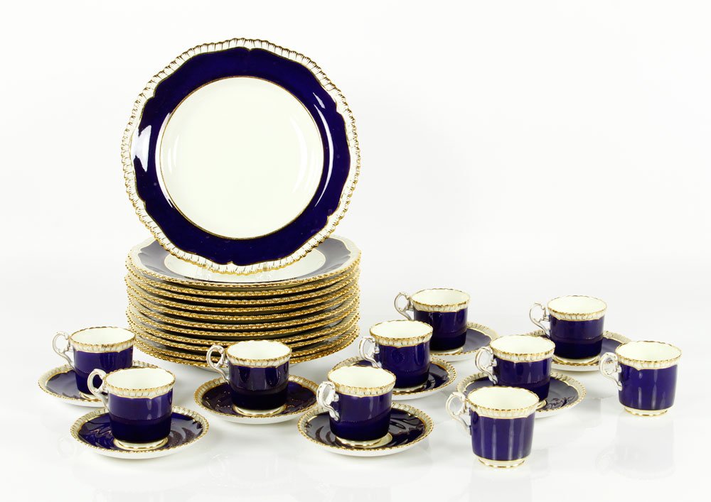 Spode and Tiffany Luncheon Set: Spode and Tiffany luncheon set, marked, "Spode Copeland's China England" and "Tiffany and Co., New York," including: 12 8 3/4" plates, 10 demitasse cups, 8 4 1/2" saucers. Provenance: From a Marblehea