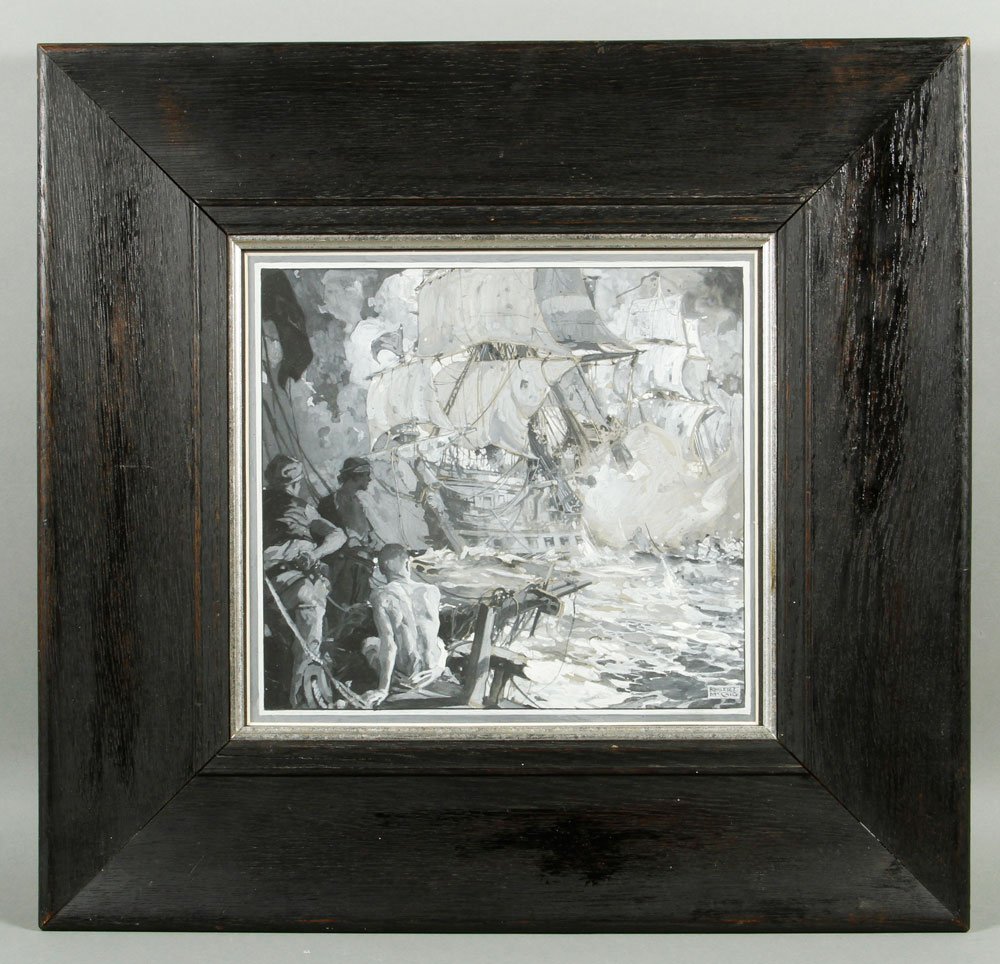 McCaig, Pirates in the Caribbean, M/M: Robert McCaig, "Pirates in the Caribbean", mixed medium on artist board, circa 1910-1920, 9" h x 10" w (view), 17" h x 18" w (frame). Provenance: From a NY collection.