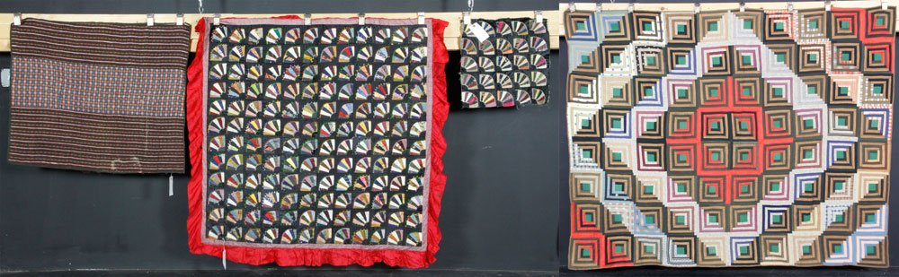 Lot of 4 Antique Pennsylvania Handmade Quilts: Lot of four antique Pennsylvania hand made quilts, one 83" x 65" in log cabin pattern, one 38" x 32" with window pane pattern, one 50" x 50" in silk fan pattern with 4" red border, and one unfinished 