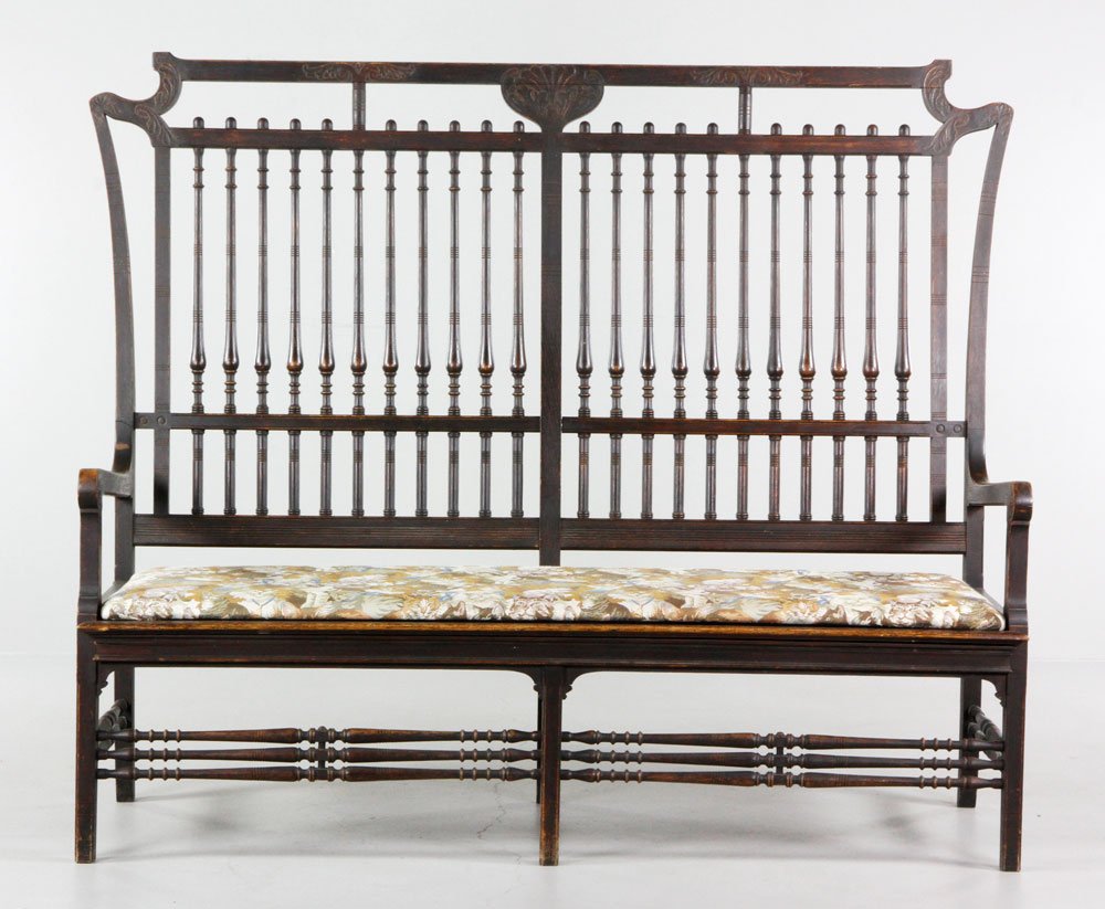 Early 20th C. High Back Settee: Early 20th century high back settee with arts and crafts influence. Provenance: From a Gloucester, MA estate.