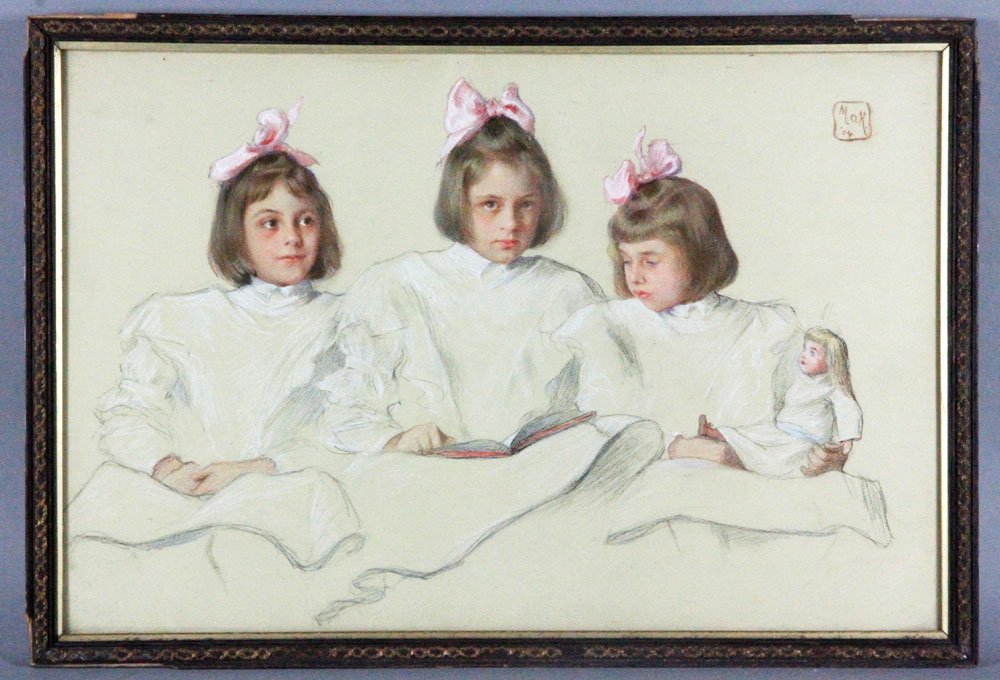 Portrait of 3 Girls, Pastel: Portrait of three young girls with a doll, drawing pastel and charcoal, monogrammed "M. O. K. 1904," labeled "Mrs. Franklin Browne, D. B. Butler Co. NY, 15" h x 23" w (view), 17" h x 25" w (frame). Pr