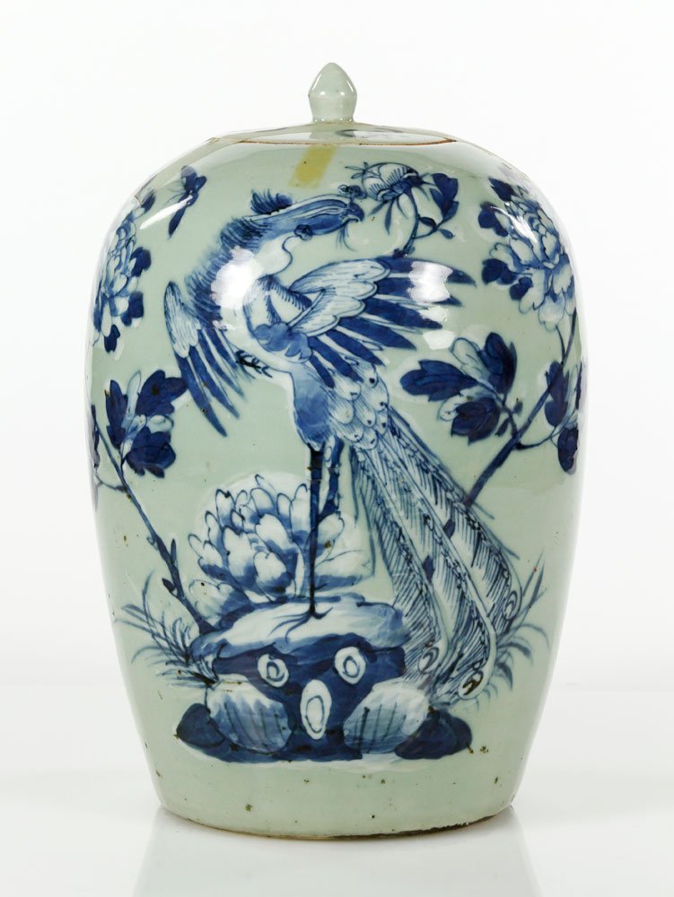 Blue and White Ginger Jar: Blue and white covered ginger jar, with peacock and chrysanthemum design, 12" h. Provenance: From a Stoneham, MA estate.