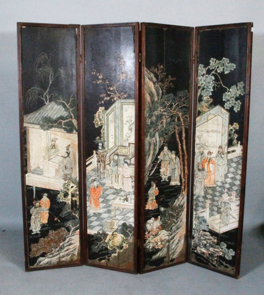 19th C. Chinese Coromandel Screen: 19th century, Chinese coromandel screen, carved lacquer, painted wood frame, four panels, depicting detailed scenes with multiple figures in landscape, 69 1/2"h x 16 1/2"w (each panel), 66"w (overall)