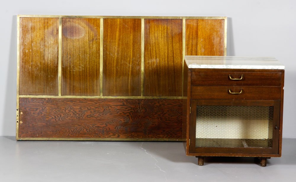 Paul McCobb Bedroom Set: Paul McCobb bedroom set, to include one nightstand and one queen size bed. Provenance: From an Arlington, MA estate.