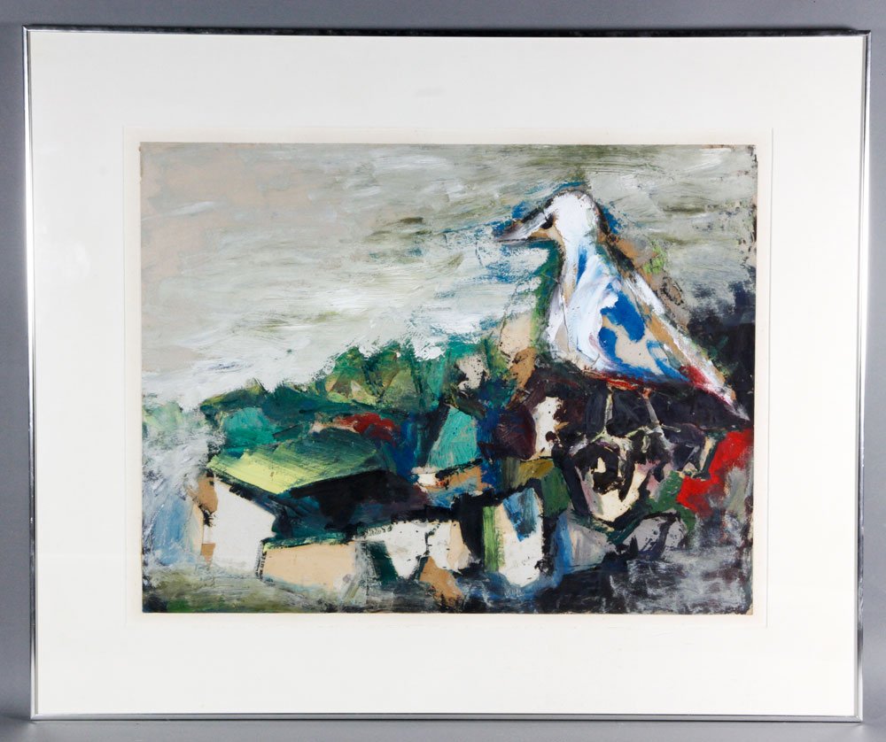 Andrews, "Birds on Shore", Collage: Benny Andrews (American 1930-2006), Birds on Shore", oil and collage on paper, signed lower center, from the collection of Halper Gallery, Palm Beach, FL, 20" x 26 1/4" (view), 29 1/2" x 34 1/2" (fram