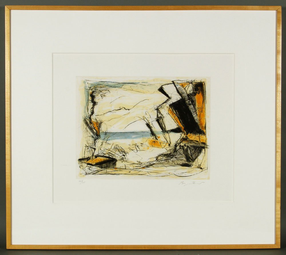 Hunt, "Quarry at Tuy", Etching: Bryan Hunt (b.1947), "Quarry at Tuy", color etching on paper, abstract still-life, 1988, editioned 25/35 lower left in pencil, signed in pencil lower right, nicely matted and framed, 16 1/4" x 20" (vi