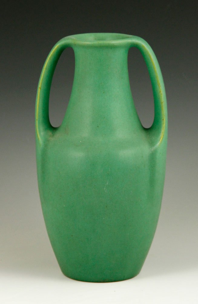 Albert, TECO Vase: Fritz Albert, TECO Vase, matte green glaze, two arm form, double stamp on underside of foot, circa 1900s, 6" x 4 1/2"dia. Provenance: From a Newtown Center, MA collection.