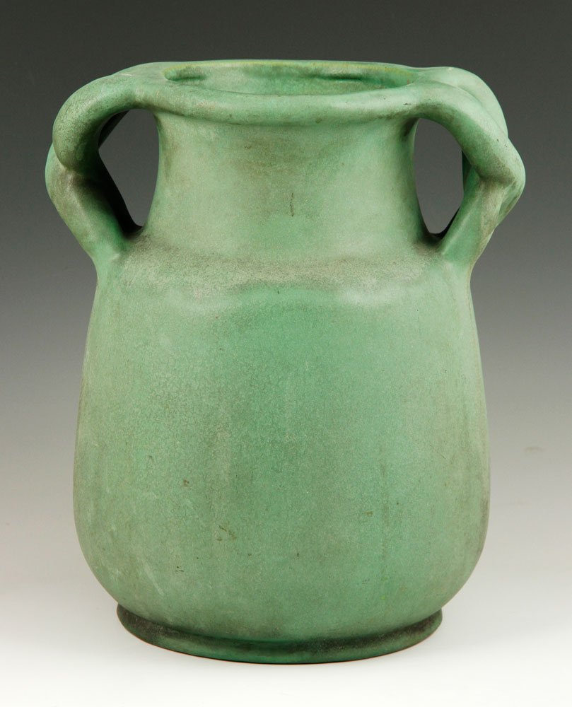 Large TECO Vase: Large TECO vase, possibly by Fritz Albert, green matte glaze, unusual lattice handles, stamped "TECO" on base and numbered "267", 1" repair on base, 11" x 9 1/2". Provenance: From a Newtown Center, MA