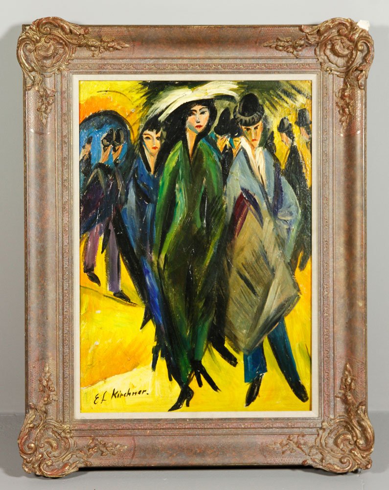 In the Style of Kirchner, Untitled, O/M: In the style of Ernst Ludwig Kirchner, untitled, oil on Masonite, signed "E. L. Kirchner" on lower left, 23 1/2" x 16 1/2" (view), 31 1/2" x 24" (frame). Provenance: From a Lynn, MA collection.