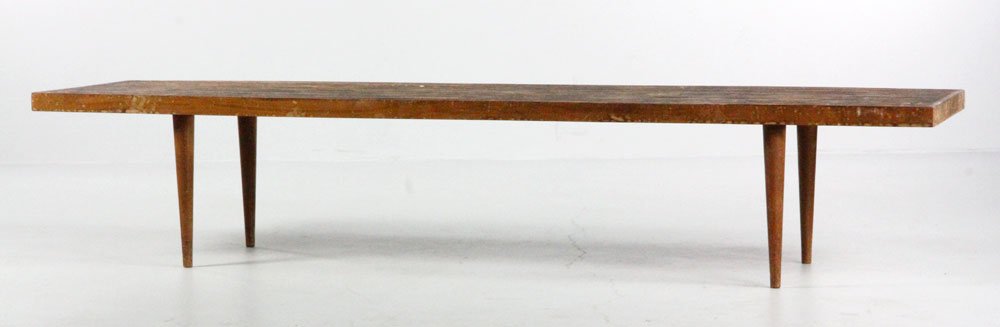 Mid C. Modern Slat Bench: Mid century modern slat bench in the style of George Nelson, needs refinishing, 14 1/4" x 72" x 18". Provenance: Peabody, MA collector.