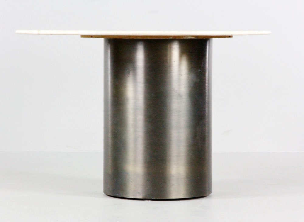 Springer Mid C. Travertine Table: Karl Springer mid century table, round travertine top over bronze base, signed underside of table top, 27 1/4" x 41 3/4". Provenance: Peabody, MA collector.