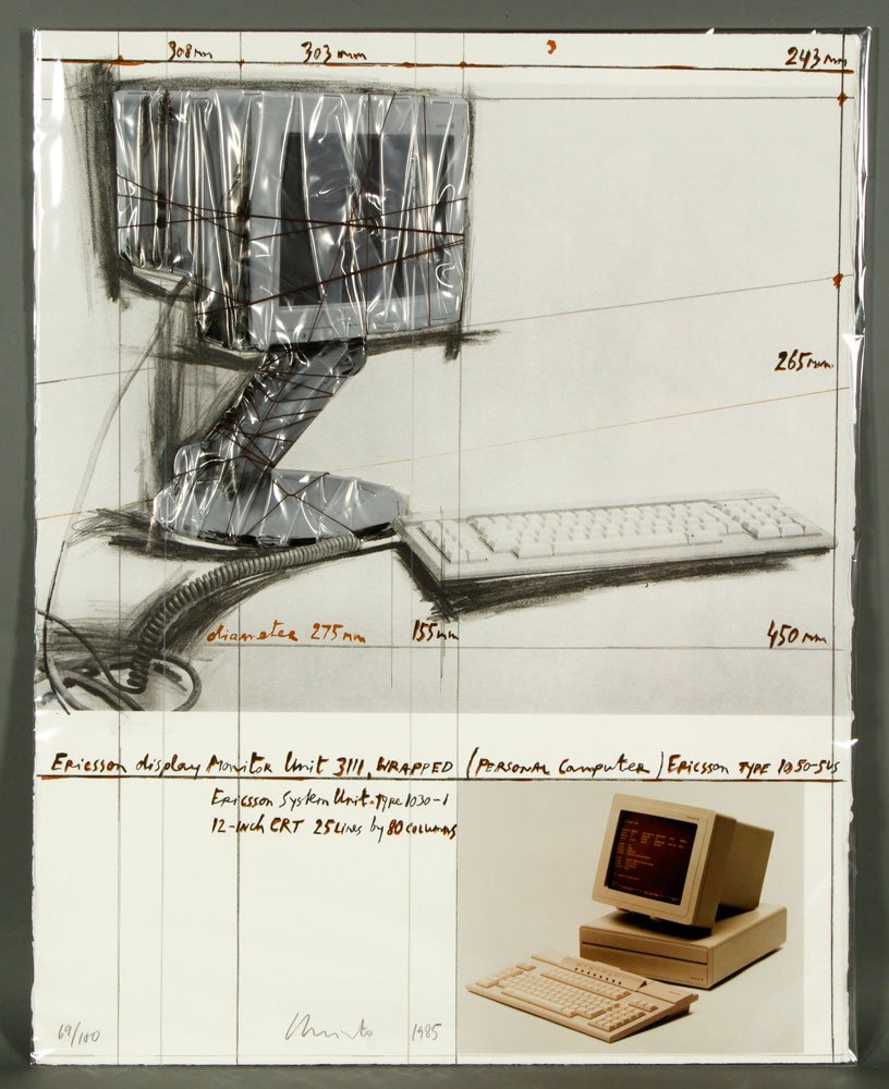Christo & Jeanne-Claude, "Wrapped Computer", Litho: Christo & Jeanne-Claude, "Wrapped Computer", lithograph on paper mounted on cardstock and applied polyethylene, staples and string, titled lower center, editioned 69/100, in pencil lower left, signed 