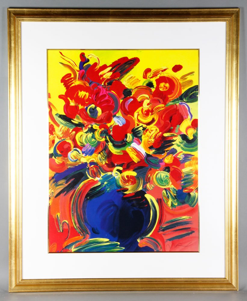 Max, "Red Flowers", M/M: Peter Max (American/German, b.1937), "Red Flowers", acrylic and mixed media on paper, circa 1990s, framed and matted, 26 3/4"h x 20 3/4"w (view), 37"h x 30 1/2"w (frame). Provenance: Danvers, MA colle