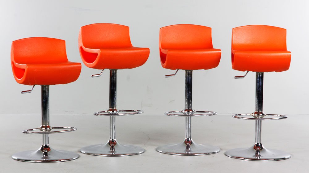 4 Bjornsen Bar Stools: Set of four bar stools by Erik Bjornsen, plastic and chrome, 23" x 14" x 17".