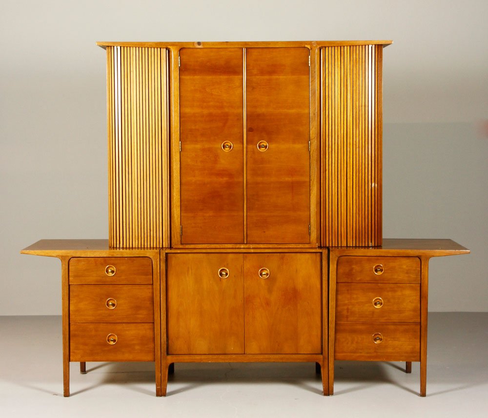 Counterpoint by Drexel Sideboard: Counterpoint by Drexel, designed by John Van Koert, three piece sideboard, with china cabinet, circa 1950s, with brass knobs, with original fabric labels in upper left and right drawers, total 72” x