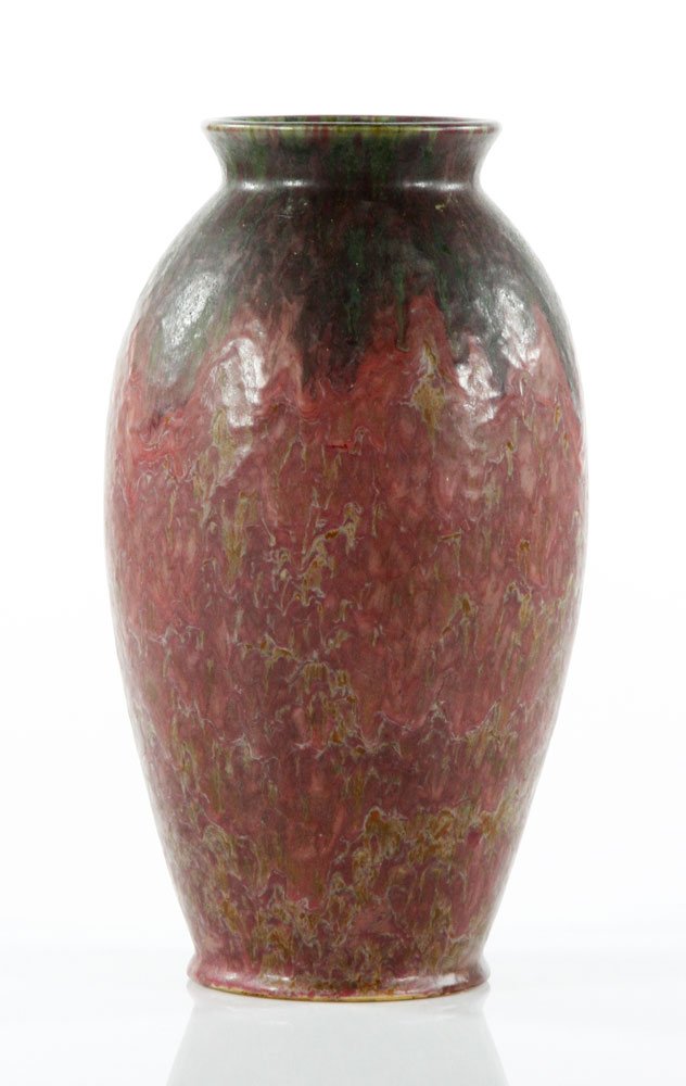 Roseville Red Carnelian II Jar: Roseville red Carnelian II jar, volcanic glaze, no marks 14"h x 8 1/2"dia. Provenance: Newton, MA estate.