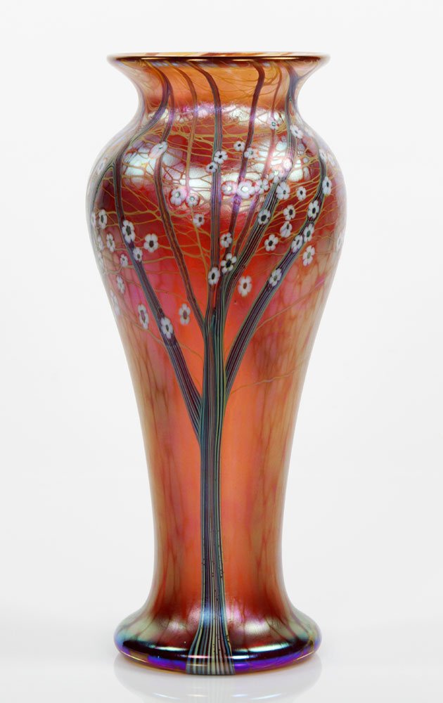 Orient & Flume Art Glass: Orient & Flume art glass, gold-pink iridescent Hawthorn with certificate of authenticity and in original box, 10 1/2" x 5"dia. Provenance: Danvers, MA collector.