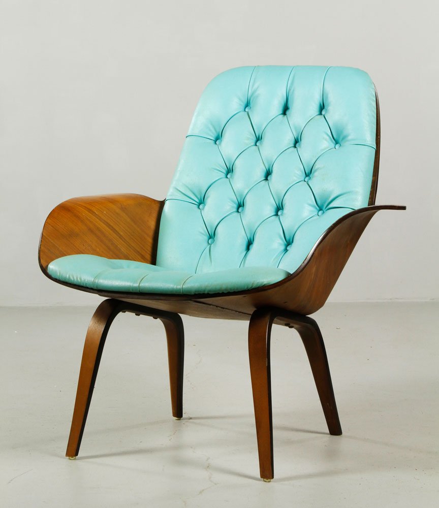 Mid 20th C. Plycraft Armchair: Mid 20th century, Plycraft armchair, turquoise/blue tufted leather seat and back, 32" x 28".