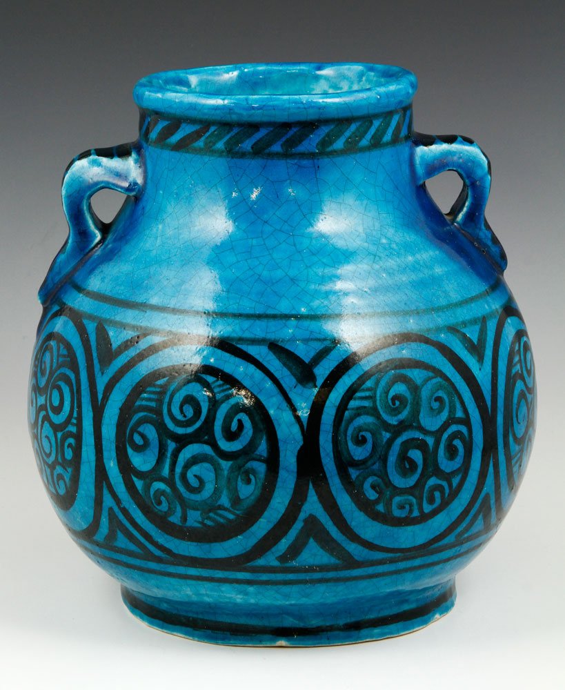 Lachenal Vase: Raoul Lachenal, large vase with two handles, blue glaze with applied black geometric design, circa 1920s, France, some crazing, signed on underside of base, 9 1/2” x 8 1/4”. Provenance: From a Atl