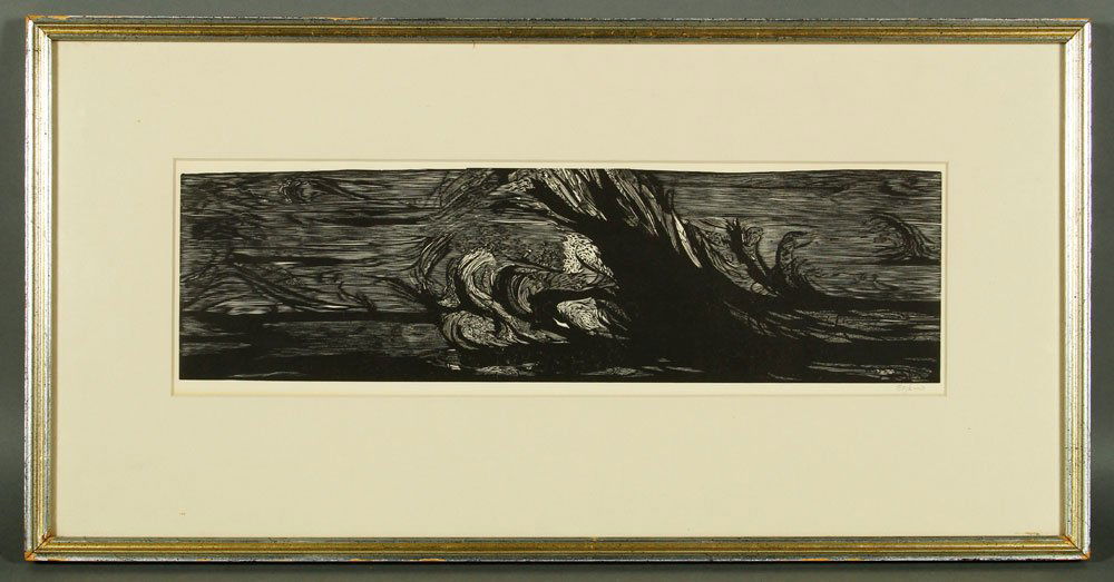Baskin, Seascape, Wood Engraving: Leonard Baskin (American, 1922-2000), seascape, early wood engraving, circa 1950s, signed "Baskin" in pencil lower right, nicely matted and framed, 4" x 16"(view), 11 1/2" x 22" (frame).