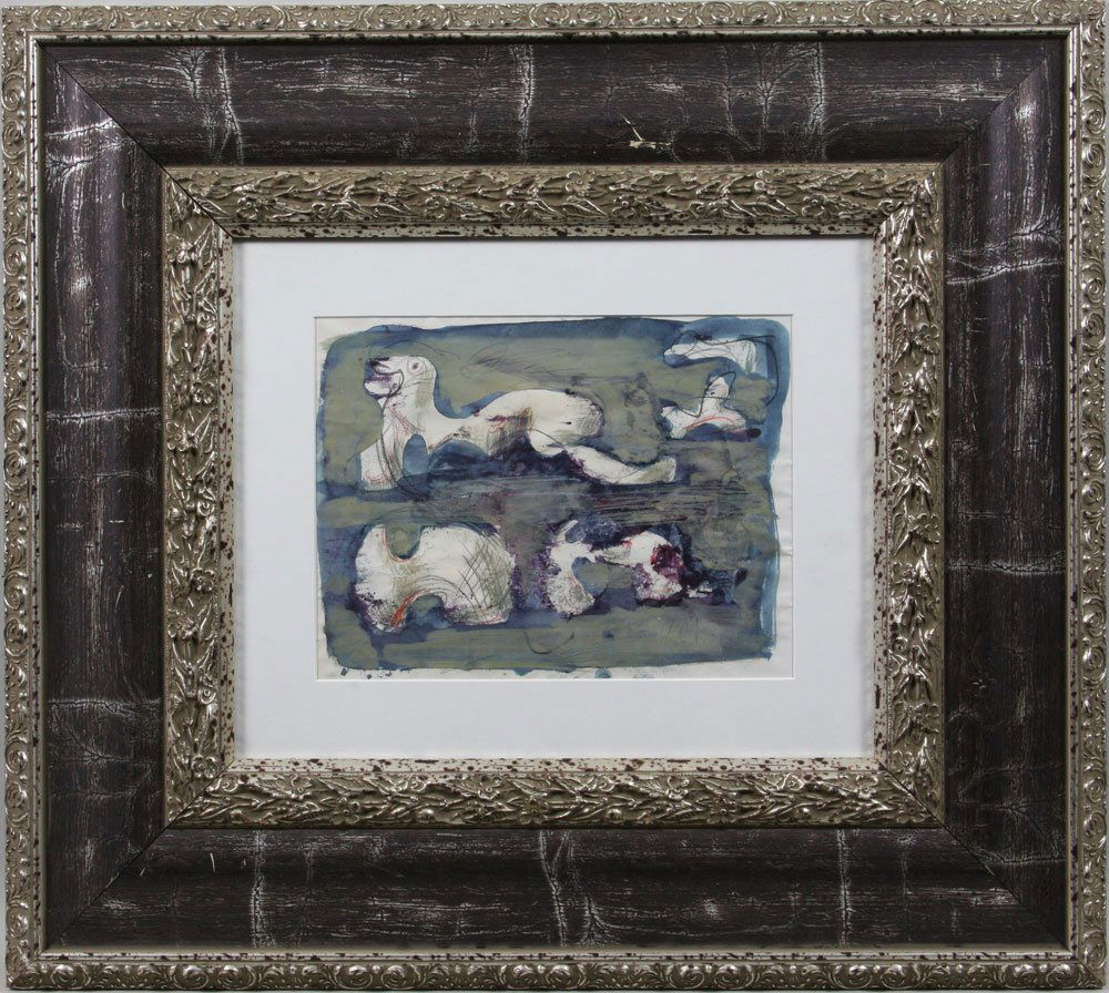 Moore, Abstract Figures, W/C: Henry Moore (British, 1898-1986), abstract figures, watercolor and ink on paper, signed lower right, 7 3/4" x 9 3/4", 20" x 23" frame size.