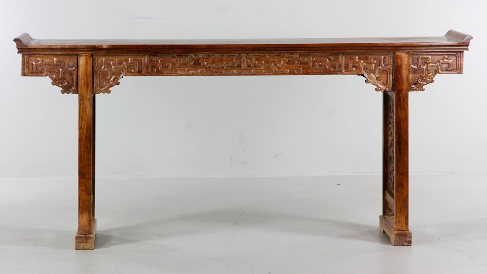 Chinese Huanghuali Altar Table: Carved huanghuali wood altar table, China, 34" x 15 3/4" x 72".