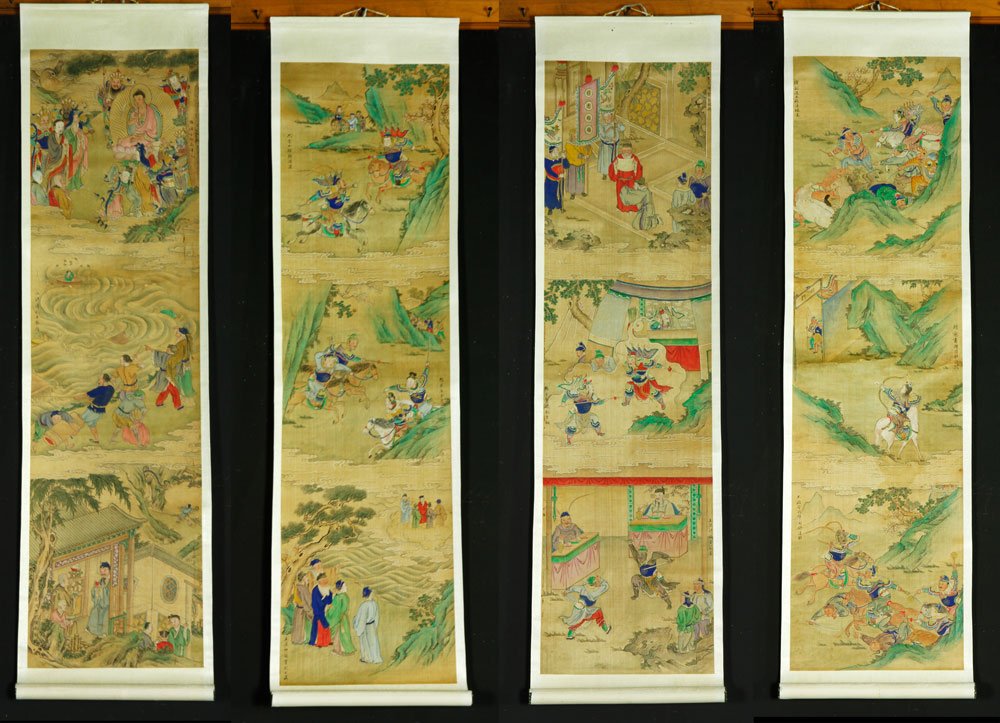 Chinese Scroll Paintings: Four scroll paintings, China, late 19th/early 20th century, depicting battle scenes, watercolor on silk, 48" l x 13" w. Provenance: From the family of Lawrence Mead, co-director of the International S